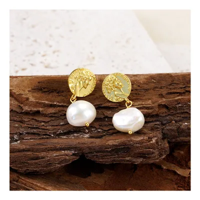 S925 Silver Stud Earrings Natural Freshwater Pearl with Antique Round Design Feel the Luxury of Jewelry