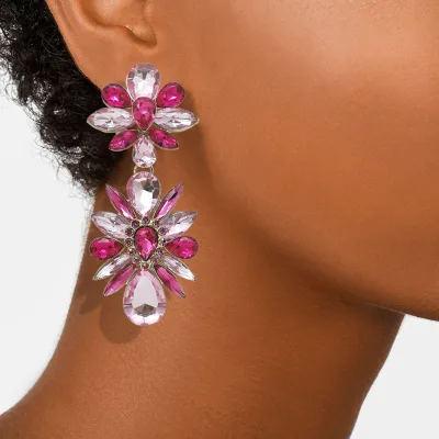 INS Brand Fashion Statement Crystal Shiny Luxury Dangle Earrings Rhinestone Flower Bling Charm Drop Earrings Party Jewelry