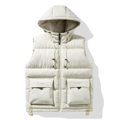 Men's Hooded Puffer Vest Quilted Padded Sleeveless Jacket with Flap Cargo Pockets for Winter Warm Outdoor Wear