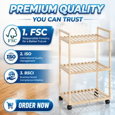 Bamboo Three Layer Mobile Utility Cart with Side Push Handle for Kitchen Bathroom Office Organization