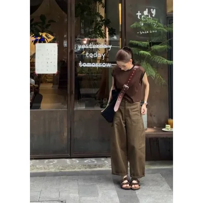 Heavy Industry Casual Slacks for Autumn Collection Solid Color Comfortable Hanging Foot Breathable Zipper Fly Flat Players