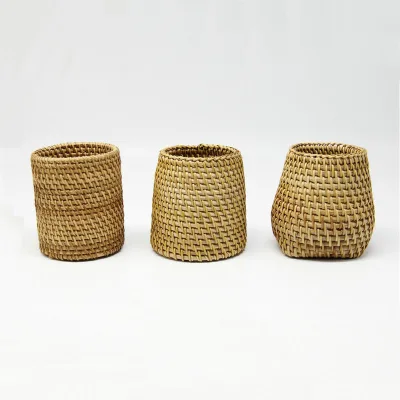 Customized Hand Woven 8cm Natural Custom Rattan Storage Pen Holder