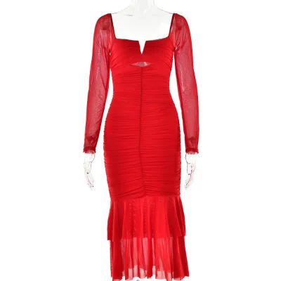 2025 European American Cross-Border Hot-Selling Sexy Fashionable Floor-Length New Solid Square Neck Long-Sleeved Spliced Mesh