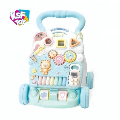 Multifunctional Plastic Frame Learning Stand Toy Push Cart Baby Walker with Music Piano Key for Boys