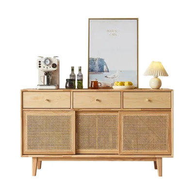Japanese-style Rattan Solid-wood Sideboard Multi-functional Sliding Doors Storage Cabinet Modern Minimalist Home Furniture