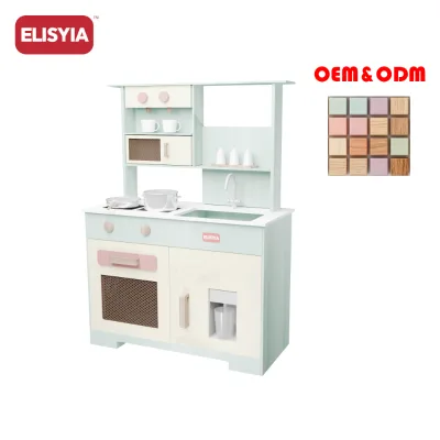 Wooden Kitchen Toys for Girls Boys Large Shape Island Cupboard Range Hood Mixer Tap Ice Dispenser Clock Indoor Home Play