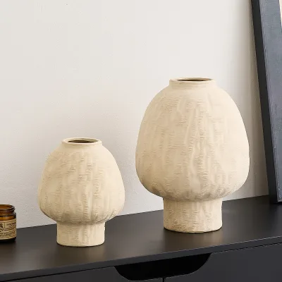 Modern Hand-finished Brushed Matt Ceramic Tabletop Vase Set Eastern Rock White Color Suitable Living Room Coffee Table Craft