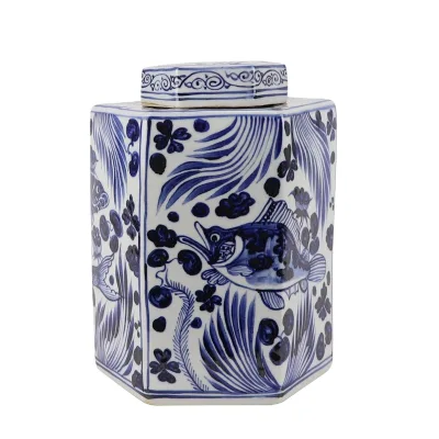 RZKR27 Home Storage Jars Blue and White Porcelain Antique Twinning Flower Fish Pattern 6 Sides Ceramic Lidded Jar
