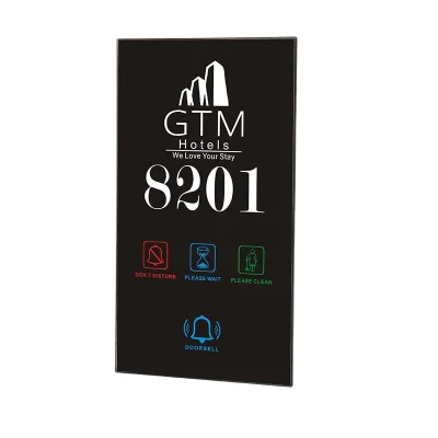 Modern Hotel Door Signage with Tempered Glass Plate Metal Stand in Steel Aluminium Acrylic Brass for Door Signage