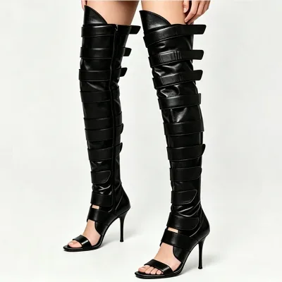 Custom Styles Women Summer Open Toe Shoes Slim Heels Belts Long Boots Single Band Side Zipper Over-the-knee Booties