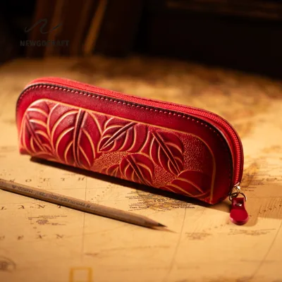 Custom Vintage Leather Kawaii Leaf Embossed Pencil Case School Pouch & Stationery Bag for Usage Scenarios Welcome Gifts