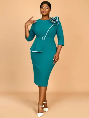 AOMEI Big Flower Midi Business Pencil Dresses 3/4 Sleeve Green Summer Retro Formal Office Dress African Clothing