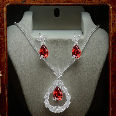 Retro Water Drop Necklace and Earring Set studded with Zirconium Wheat Ear Leaves