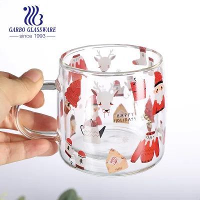 Christmas Design Double Wall Glass Coffee Mug with Decals 260ml Hot Latte Tea Drinking Borosilicate Glass for Holiday Gift