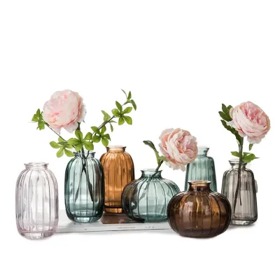 Wholesale Nordic Colored Small Mouth Glass Vase Multi Size Vertical Glass Bottle Hydroponic Vase Home Decoration