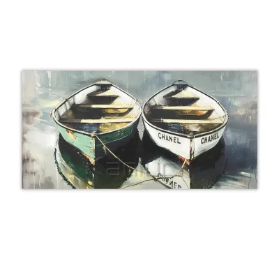 Two Boats on a Silent Lake Wall Canvas Art Print With Hand Painting for Home Decor