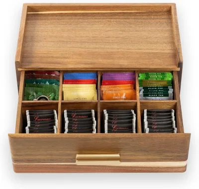 Countertop Storage Box Tea Caddy Tea Bags Storage With Drawer Teabag Holder Container Acacia Wood Tea Bag Organizer
