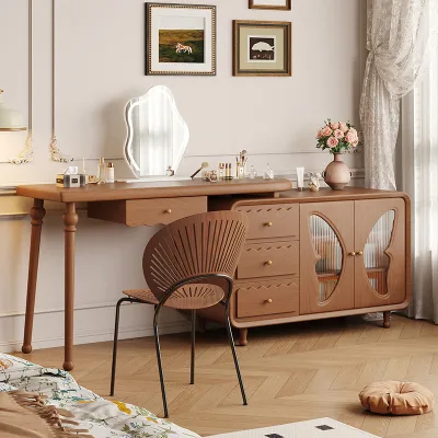 Middle Ancient Stretchable Vanity Wood Dressing Table Makeup Vanities Dressers Vanity Solid Wood With Lights Bedroom Furniture