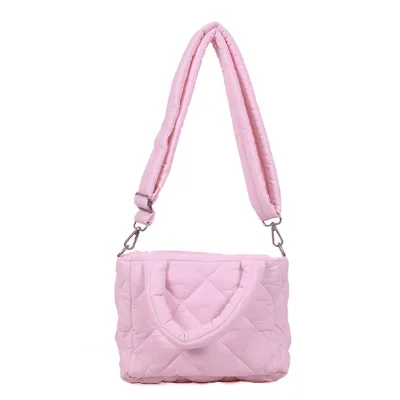 Durable Pink Quilted Padded Crossbody Handbag, Soft Premium Material Shoulder Bag for Daily Shopping&Trips