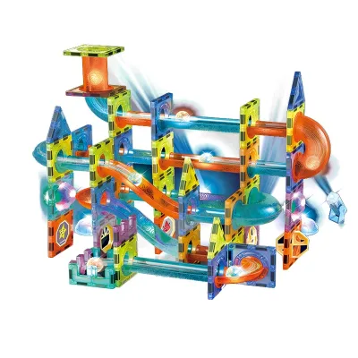 Glowing Magnetic Tiles Marble Run Race Track Super Set - 110 Complete Pieces Glow in the Dark STEM Light Magnetic Building Block