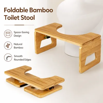 Bamboo Wood Toilet Stool Adults Kids 8-Inch Foldable Anti-Slip Design Improves Bathroom Posture Comfort (Natural Color)