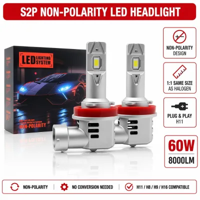 Canbus S2P H11 LED Headlight Bulb 60W 8000LM Super Bright H11 H9 H8 High Low Beam LED Headlights Conversion Kit 6000K Cool White