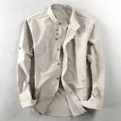 2026 Spring New Men's Casual Linen Shirt with Stand Collar Gentleman Style