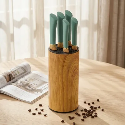 Wholesale Customized Design Wood Grain Pattern 6pcs Eco-Friendly Ambidextrous Modern Style Stainless Steel Kitchen Knife Block
