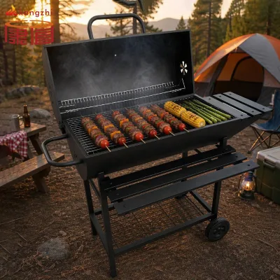 Charcoal BBQ Grill Smoker, Heavy Duty Enamel Barrel Barbecue with Folding Shelves & Wheels for Outdoor Catering