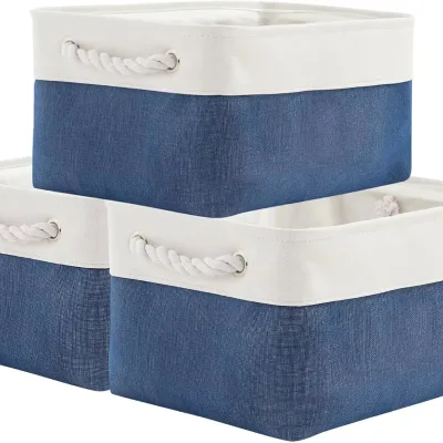 Medium Size 3-Piece Linen Fabric Storage Basket Set Grid Drawstring Foldable Design 10-20L Capacity for Books Wardrobes Clothes