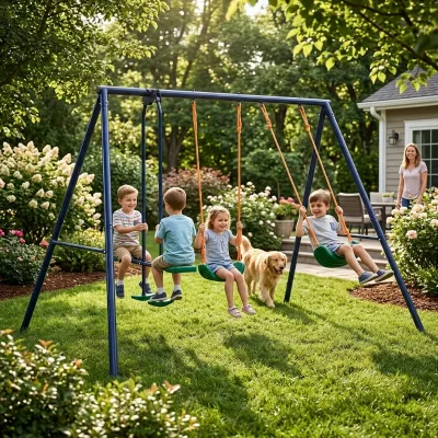 Alloy Outdoor Double Swing Set with Seesaw and Ground Hook Adjustable for Adventure Parks & Kindergartens