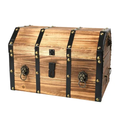 Wooden Treasure Chest Trunk Vintage Storage Box with Leather Straps Brass Rivets L Latch Closure Decorative Organizer Box