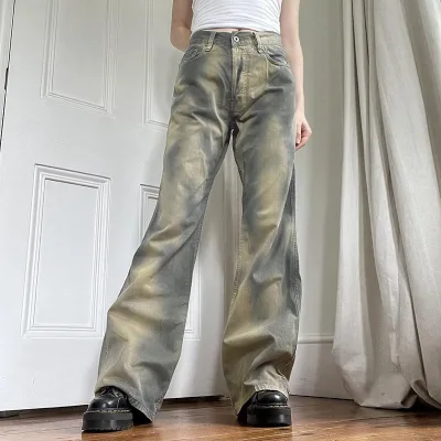 American Street Personality Tie-dyed Old Printed High Waist Micro-la Jeans Women's Pants Trousers