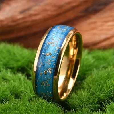 Tungsten Blue Flowing Sand Gold Foil Jewelry Couple Ring Men's Wedding Band Unique Promise Engagement Anniversary