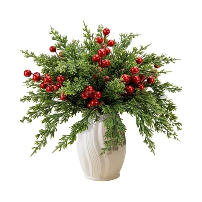 Hot Sale 45 Pcs Christmas Artificial Pine Branches Red Berry Stems Faux Xmas Sprigs for DIY Craft Garland Home Decor