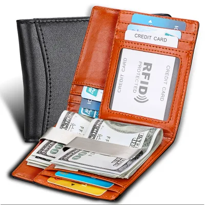 Men Genuine Leather Money Clip Slim Front Pocket Credit Card Wallet Rfid Blocking Short Wallet