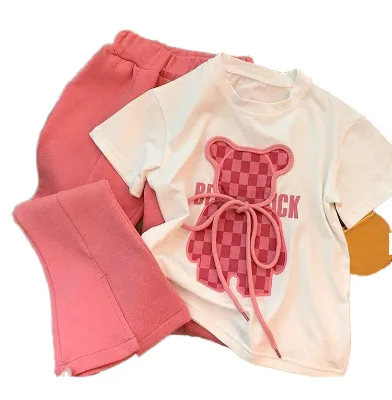 Casual Cotton Two-Piece Set for Kids Bear Pattern Flared Pants and T-Shirt with Plaid Design for Toddler Girls in Summer
