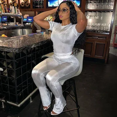 Women Fit Pullover T-Shirt Tops and Flare Pants Suit Outfits 2 Piece Women Set Solid Color Casual Set for Women