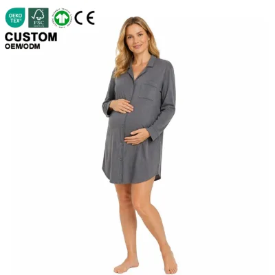 Eco-Friendly Custom Women Pajamas Silky Modal Maternity Nightshirt V-Neck Long Sleeve Comfortable Pregnancy Clothing Lounge Wear