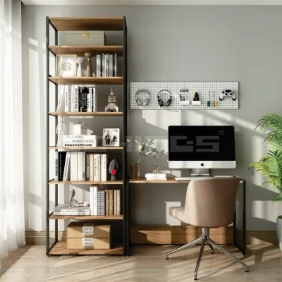 Modern Industrial Metal Shelving System Wooden Shelf Bookcase Desk Combination for Bedroom Study Room