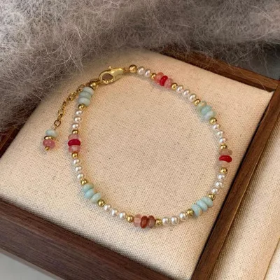 Natural Freshwater Pearl Mixed-Color Natural Stone Chain Link Bracelet Women Spring/Summer New Elegant Light Luxury Shoushan