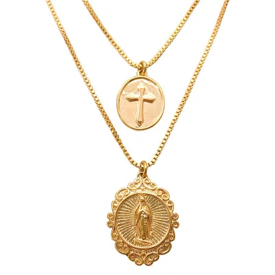 Cross Religious Jewelry Virgin Mary Pendant Double Necklace
