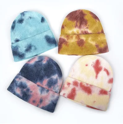 Custom Logo Winter Ski Knitted Hat Unisex Warm Acrylic Beanie Tie-Dyed Short Fisherman Beanies for Men and Women