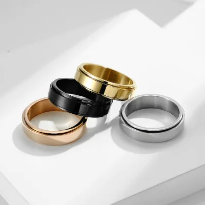 Simple Classic 18K Gold Plated Stainless Steel Spinner Ring Polished Band for Couples Unisex Rotatable Fashion Jewelry Daily