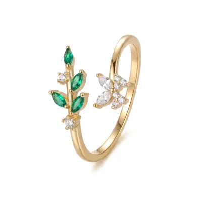 European American Trendy Micro-Paved Zircon Leaf Ring Women's Versatile Opening Adjustable Bracelet Cross-Border Fashion