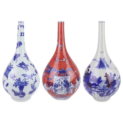 RYYC09-A-B-C Blue and White Porcelain and Red Color Antique Pattern  Slim Neck Porcelain Decorative Flower Vase