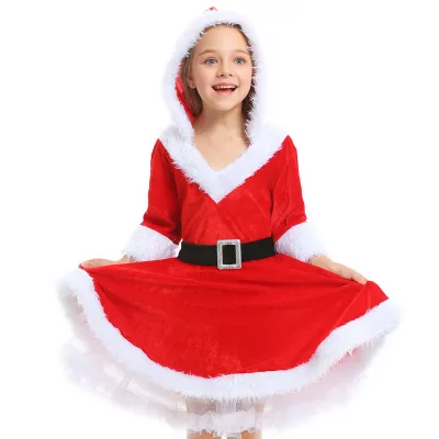 Ready to Ship Christmas Boutique Clothing for Babies Girls Children Santa Claus Red Dress with Casual Print Long Style for Kids