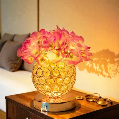 Rechargeable Touch Artificial Flower Crystal Lamp Kitchen Bedroom Office Decor House Pink Hydrangea Potted Flowers Table