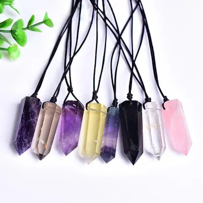Assorted Stone Gemstone Hexagonal Wand Pendant Charm Crystal Point with Hole for Jewelry Making