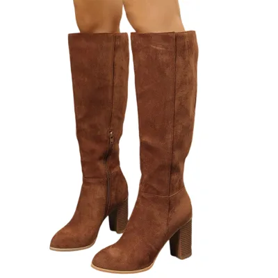 2026 Autumn and Winter New High Heeled Boots Thick Heel Large Size Suede Side Zipper Knee High Boots for Women